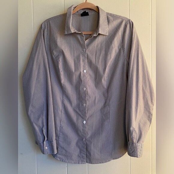 Worthington Blouse Women’s 16 Blue White Stripes Cotton Blend Stretch Preppy - Picture 1 of 6